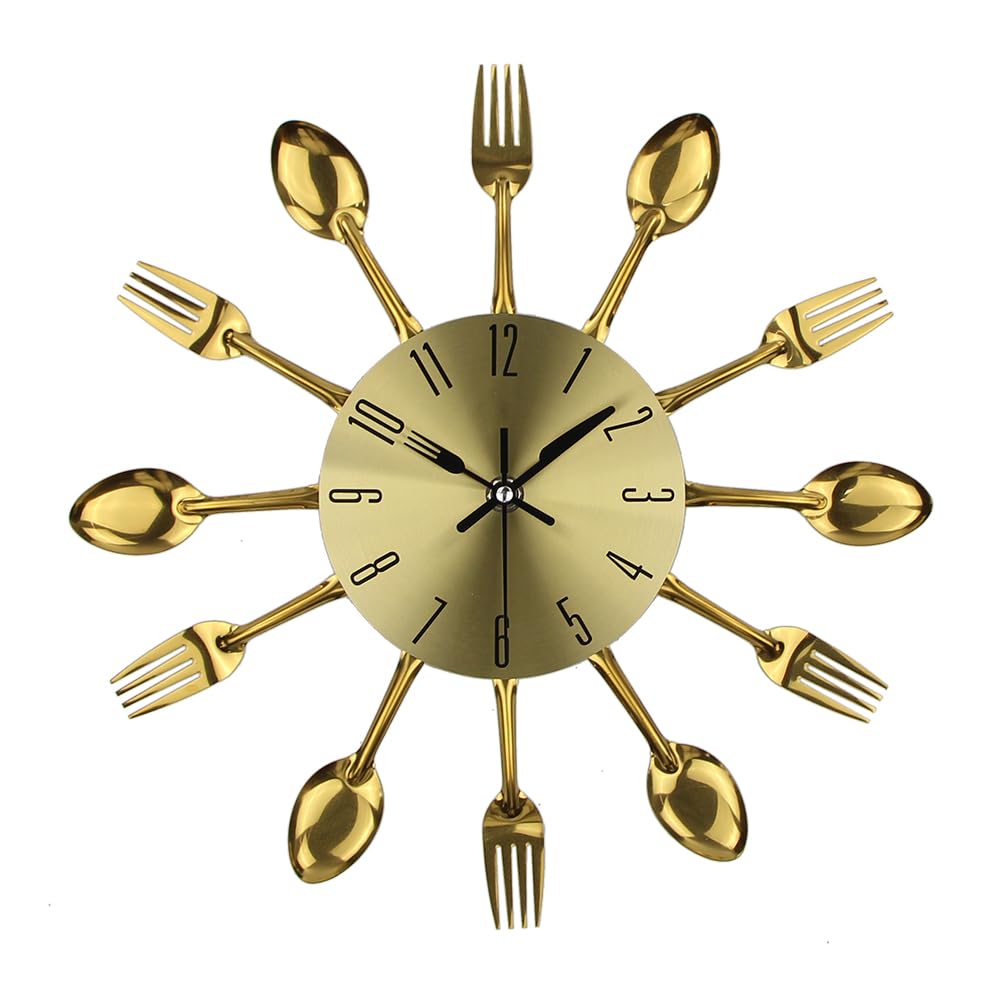 Kitchen Metal Copper Wall Clocks with Spoons and Forks 3D Removable Modern Creative Cutlery Kitchen Spoon Fork Wall Clock for Great Home Decor and Nice Gifts (Gold)