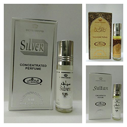 Ambrosial - Fragrances of Heaven Al Rehab Set of 3 x 6ml Silver - Sultan Al Oud - Sultan Unisex Oriental Attar Concentrated Arabian Perfume Oil Ambrosial - Fragrances of Heaven Al Rehab Set of 3 x 6ml Silver - Sultan Al Oud - Sultan Unisex Oriental Attar Concentrated Arabian Perfume Oil