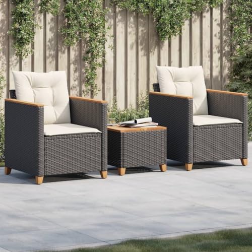 ShGaxin Mesita y sillas con Cojines 3 pzas ratán PE Madera Acacia Negro, Set Exterior Jardin, Conjunto Mesa Y Sillas Terraza, Jardin Muebles Exterior Terraza   366313
