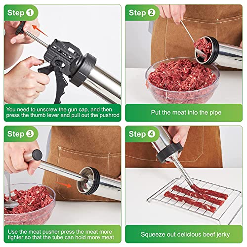 1.57 LB Large Capacity Jerky Gun Kits, Stainless Steel Jerky Shooter Cannon, Beef Stick Gun, Beef Deer Jerky Maker, Meat Gun, Sausage Stuffer with 5 Nozzles 5 Brushes 1 Meat Pusher, Gift for Women Mom