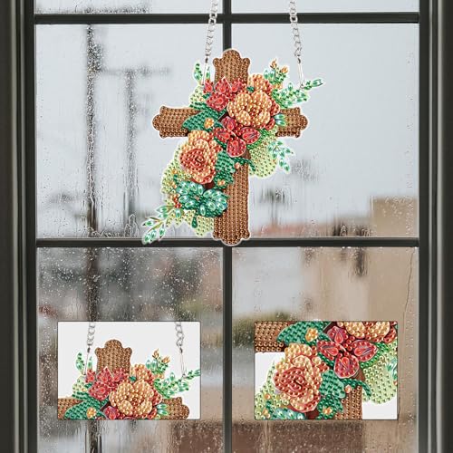 Image of 5D DIY Acrylic Cross Diamond Painting Pendant Kit, Floral Special Shaped Rhinestones Hanging Ornament, Diamond Art Hanging for Adults, Decorative Window, Wall or Door, Handmade Home and Holiday Gift