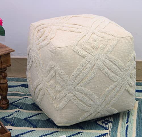 Cotton Craft Hand Tufted Pouf Ottoman - Kids Room Dorm Bedroom Home Accent Foot Stool Bean Bag - Versatile Modern Comfortable Prefilled Woven Cotton Square Pouf Footrest - 16 X 16 X 16 Inches - Ivory #TOP4