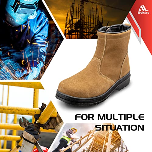 Soletec Steel Toe Work Boots, Suede Leather Chelsea Boots, Industrial & Construction Safety Shoes, Oil Resistant Outsole, Steel Plate Side Zip, For Men& Women, 7.5 Inch, Yellow #TOP7
