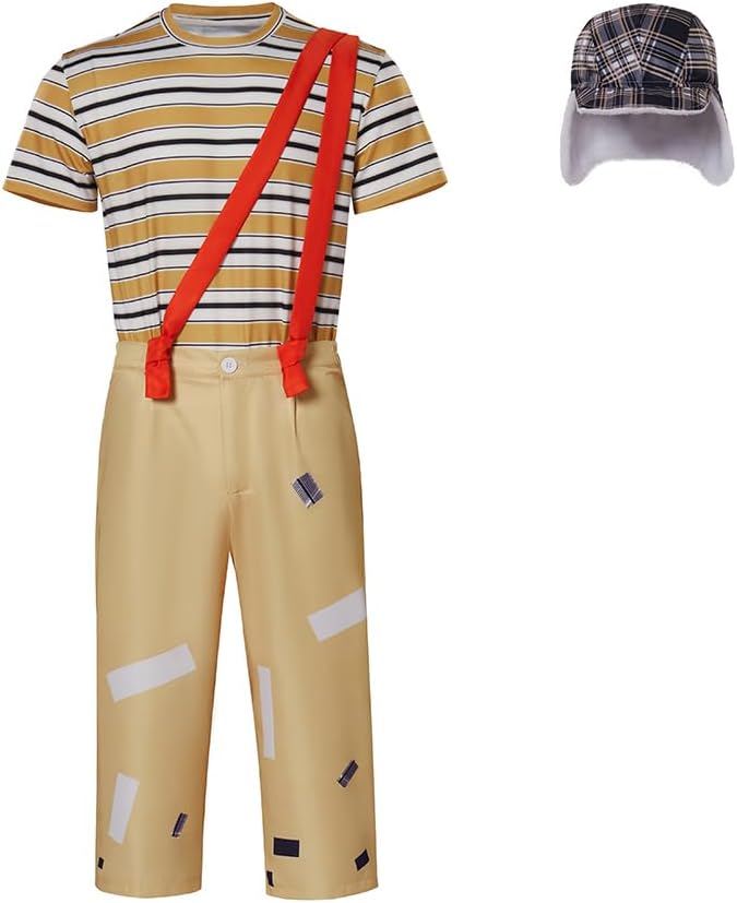MelangCos El Chavo Costume Men's Chavo Cosplay Striped T-Shirt Suspender Pants Hat Outfit Halloween Dress Up Set