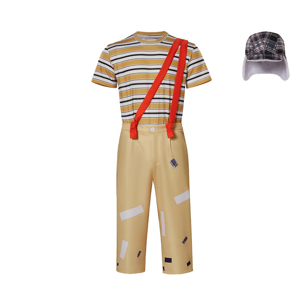 El Chavo Kostüm Herren Chavo Cosplay Gestreiftes T-Shirt Strapshose Hut Outfit Halloween Dress Up Set