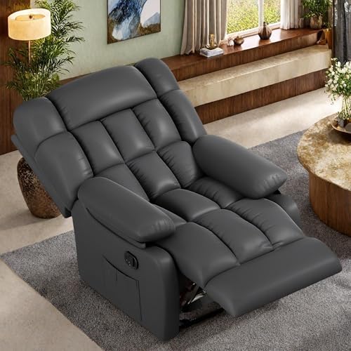 Image of Oversized Recliner Chair, Leather Adjustable Recliner with Side Pockets, Living Room Reclining Lounge Chair for Adults, Small Spaces Comfy Sofa with Theater Seating for Bedroom, Black