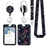 Badge Holder with Retractable and Detachable Lanyard,Bright Neon Stars Badge Reel Breakaway Lanyard with Carabiner Clip for Women, Teachers, Nurses, Students, Perfect Work and Office
