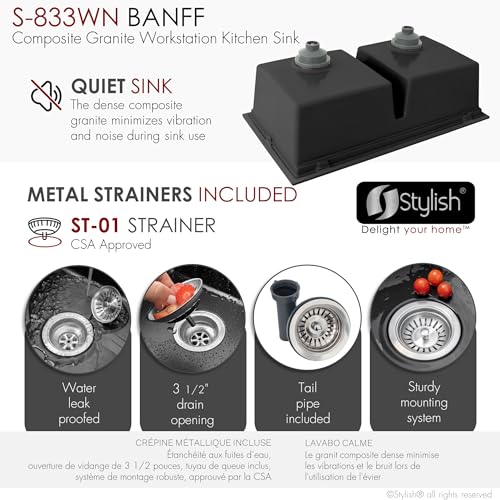 Image of Stylish 33 x 18 Inch Composite Granite Workstation Kitchen Sink, Double Bowl Under Mount & Drop in, 9.5 in Deep, with Bamboo Cutting Board, Roll-Up Drying Rack, Colander & Strainers, Black, S-833WN