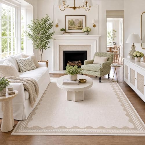 GarveeHome Scalloped Beige Washable Area Rug 6x9 Rugs for Living Room Soft Low-Pile Solid Modern Minimalism Thin Carpet for Bedroom Dining Nursery Non Slip