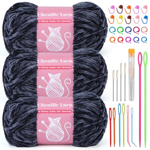Image of LUNARM Chenille Yarn for Crochet Knitting Chunky Blanket Velvet Yarn | 3 Pack 3.5oz /100g 486 Yard Blue Gray Chenille Yarn for Beginners Knitting Scarves with Big Eye Needles Machine Washable