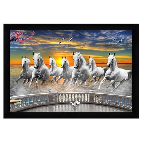 Image of Indianara Vastu Running Seven Horse Painting With Frame 20 Inches X 14 Inches (Style 14)