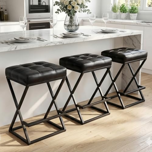 Image of Bar Stools Set of 3, 26 Inch Counter Height Stool Faux Leather Black