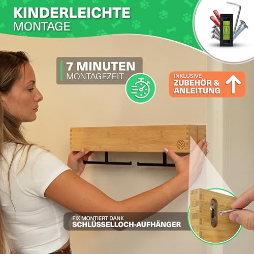VELONT Hundegarderobe mit Ablage Personalisiert - Größe XL - Perfekter Leinenparkplatz - Bambus - Dogstation für Leinen & Zubehör - Inkl. Kotbeutelspender und Montagekit (02 XL)