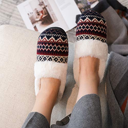 Women's Comfy House Slippers With Faux Fur Lining, Memory Foam Slip On House Shoes Nordic With Indoor Outdoor Anti-Skid Rubber Sole, Red, 9-10 #TOP5