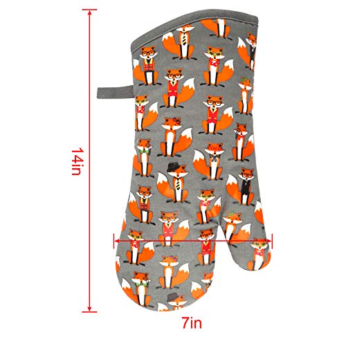 Oven Mitts Gloves 1 Pair Heat Resistant 480 ℉ Non Slip Clear Silicone Printed Fox Comfortable Cotton Lining Kitchen Women Men Cooking Baking Barbecue Machine Washable (Fox, Gray Mittens) #TOP1