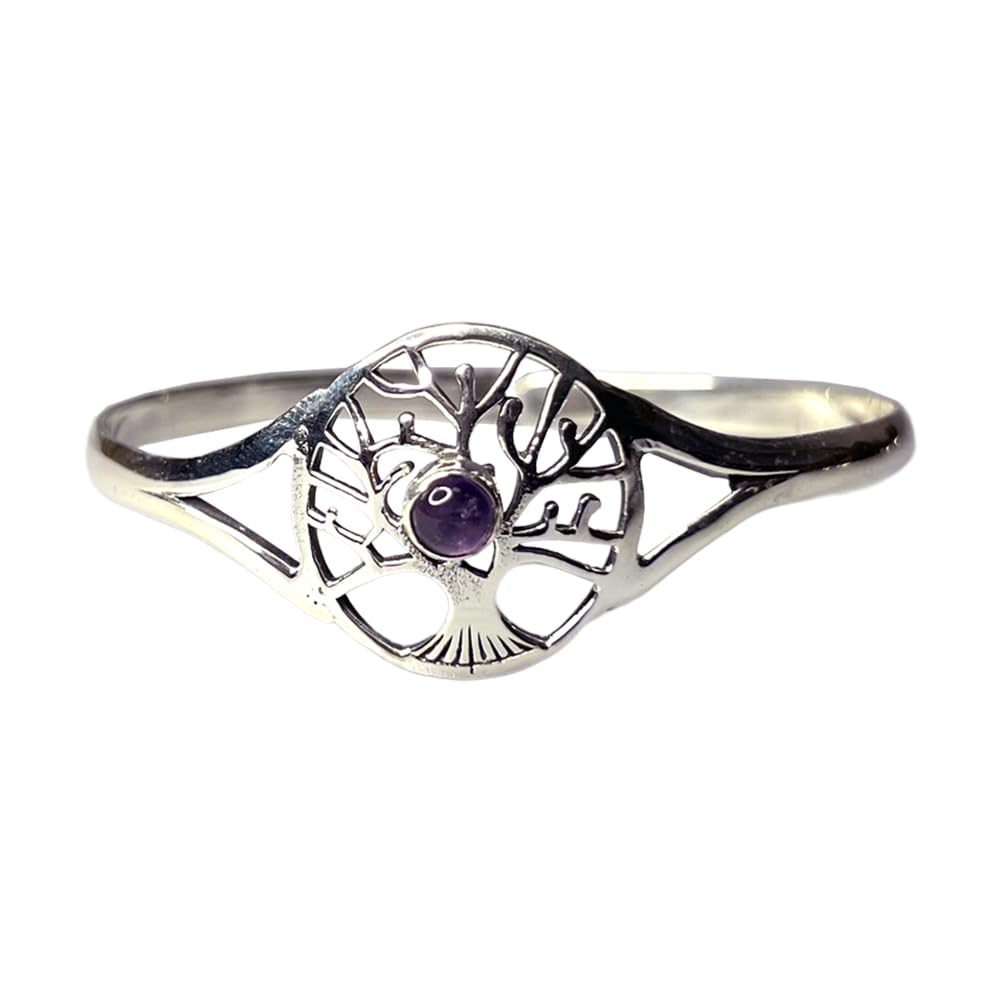 VIE Silver Plated Adjustable Tree of Life Cuff Bangle, Amethyst