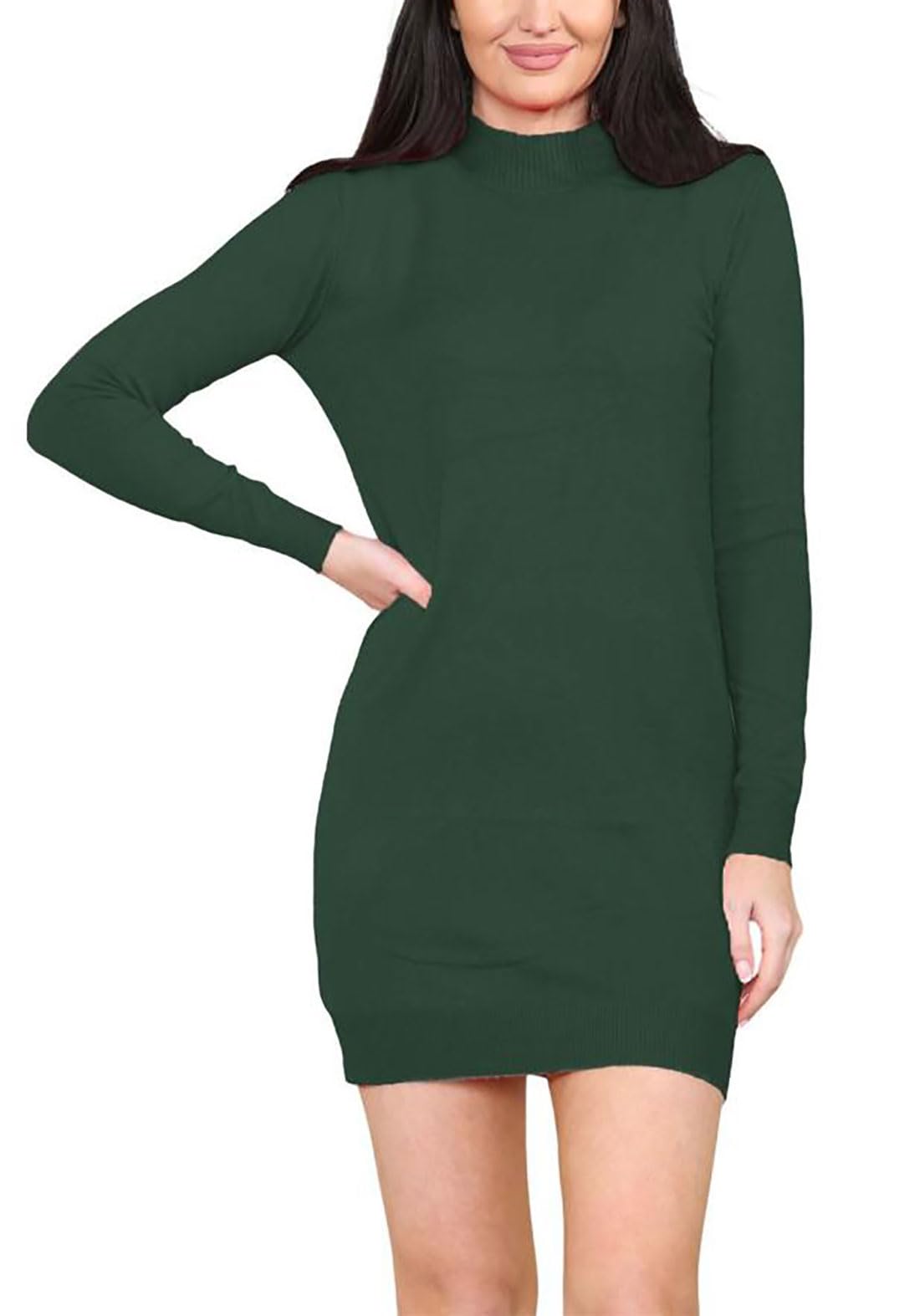 Fairy Trendz Women's Bottle Green Winter Polo High Neck Bodycon Long Sweater Dress Top Knitted Turtleneck Long Sleeve Pullover Slim Fitted Tunic Dress Jumper