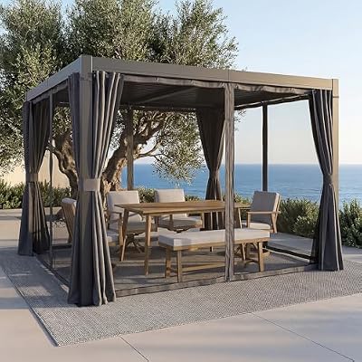 SEEHILL Louvered Pergola 10' x 10', Never-Rust All Aluminum Outdoor Pergola with Adjustable Louvered Roof, Easy Assembly Patio louvered Gazebo Pergola with Curtains and Netting for Deck Gardens Yard