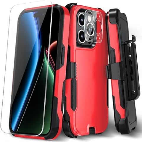 Xmon Case for iPhone 15 Pro, Heavy Duty Rugged Case Belt Clip Holster Kickstand Protective Cover [Shockproof] Compatible with Apple iPhone 15 Pro (Red) Cover