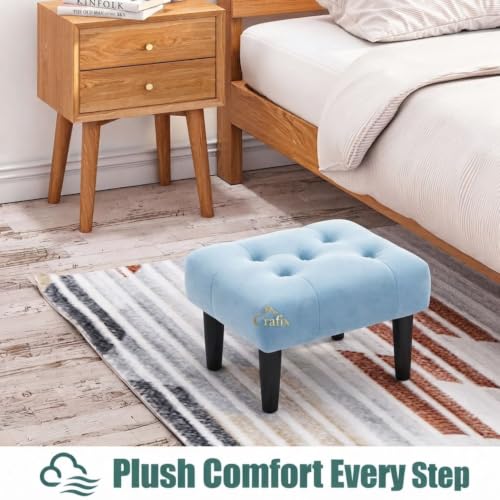 Image of Upholstered Foot Rest Ottoman Stool with Wooden Legs, Tufted Footstool for Living Room, Bedroom, Makeup Vanity, Entryway, Comfortable Footrest Bench, Modern Accent Ottoman (Sky)