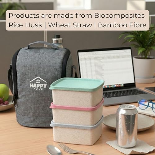 Image of Happy Cove Eco Friendly Lunch Box for Office Use | Biocomposite Wheat Straw, Rice Husk & Bamboo Fibre | 3 Multicolour Containers with Grey Lunch Bag | Microwave & Oven Safe | Unbreakable