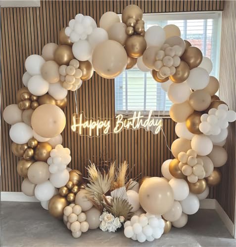 Image of Happy Birthday Balloons Decoration Kit - 47 Pcs White, Golden Chrome & Sand White Balloon Garland Set for Birthday Parties & Celebrations | Birthday Decoration for Kids & Adults