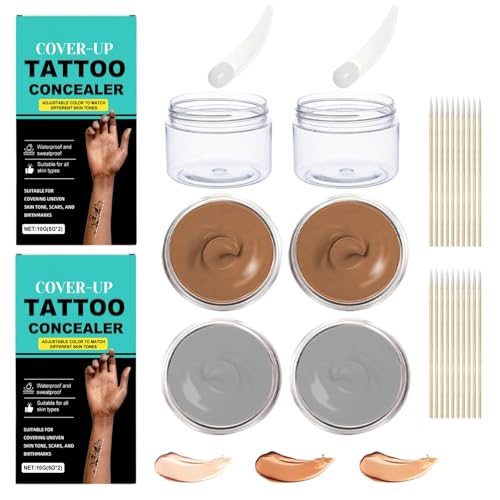 2 juegos Maquillaje Tapar Tatuajes,Maquillaje Cubre Cicatrices,Suave Altamente Eficaz Apto Para Todo Tipo De Piel Larga Duración Versátil Con 2 Botellas Vacías 2 Espátulas 20 Bastoncillos Algodón