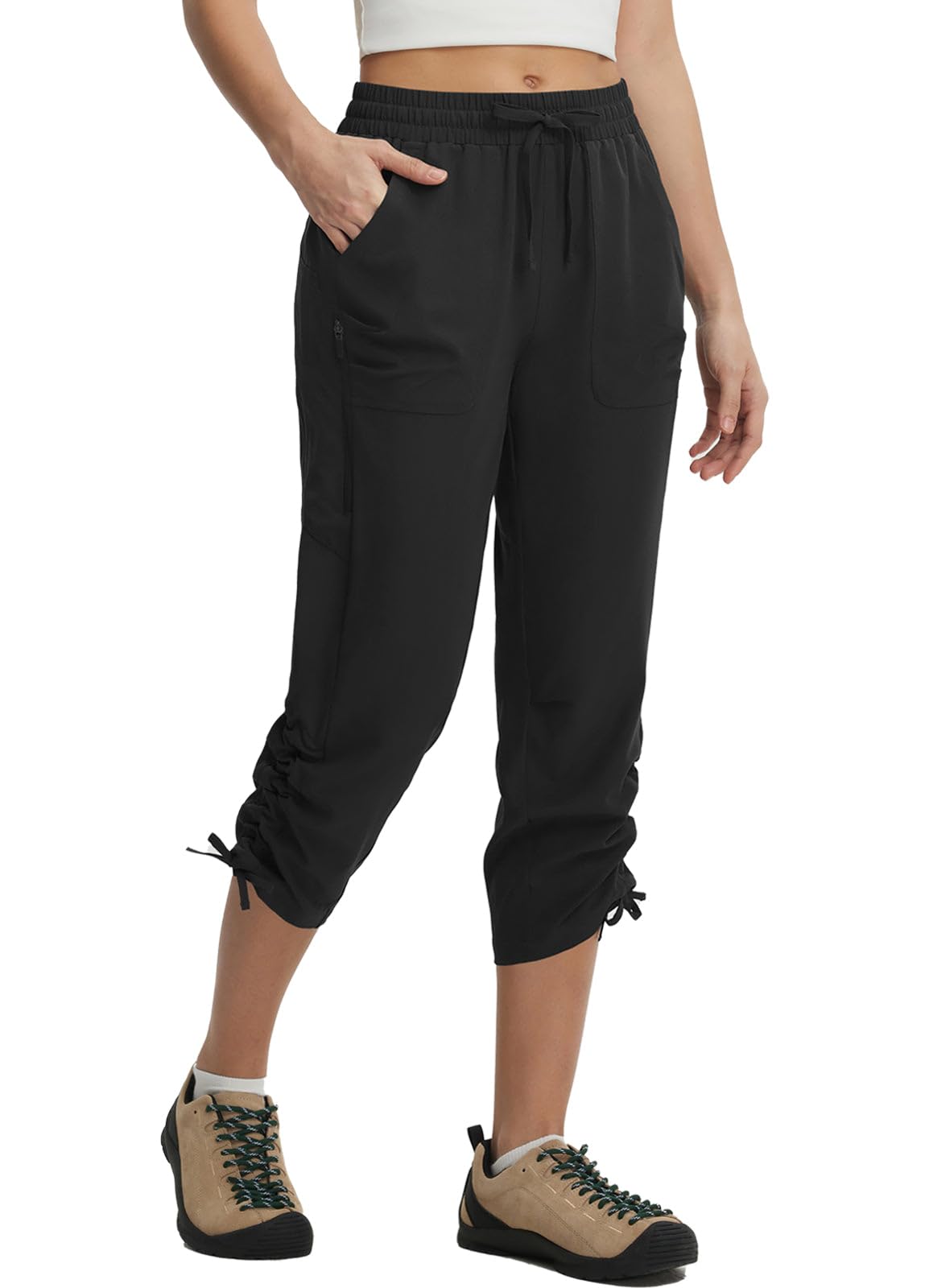 baleaf Damen Wanderhose Knielang Kurz, Trekkinghose UV Schutz Cargo Capri Wasserdicht 3/4 Hosen mit Taschen Sommer Outdoor