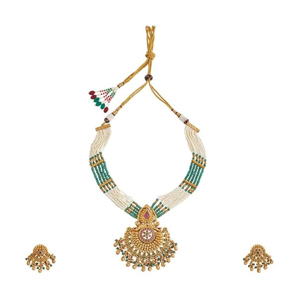 Kushal's Fashion Jewellery Ruby-Green Gold Plated Ethnic Antique Necklace Set - 413107