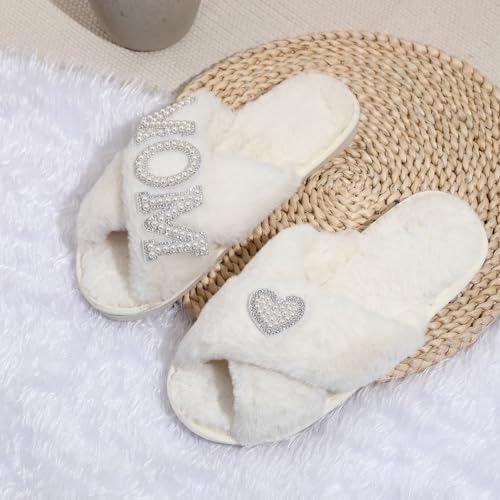 Mom Slippers for Women Fuzzy House Slippers with Pearls Gift for New Mom Mothers Day Gift from Daughter Son 7