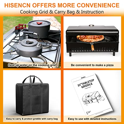 Hisencn Portable Griddle For Outdoor, Tabletop, Countertop, Kitchen, Tailgating, Rv - Nonstick Camping Griddle 348 Sq. In. 24000 Btus Griddle For Gas Grill, 22 Inch With Hood, With Carry Bag #TOP5