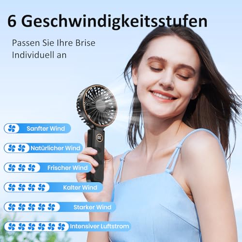 Rintea Handventilator, Tragbarer Mini Ventilator mit 6 Geschwindigkeiten, Faltbarer USB Ventilator, 4000mAh Wiederaufladbar, Leise & Leicht, Ideal für Büro, Reise & Outdoor (Schwarz) 2
