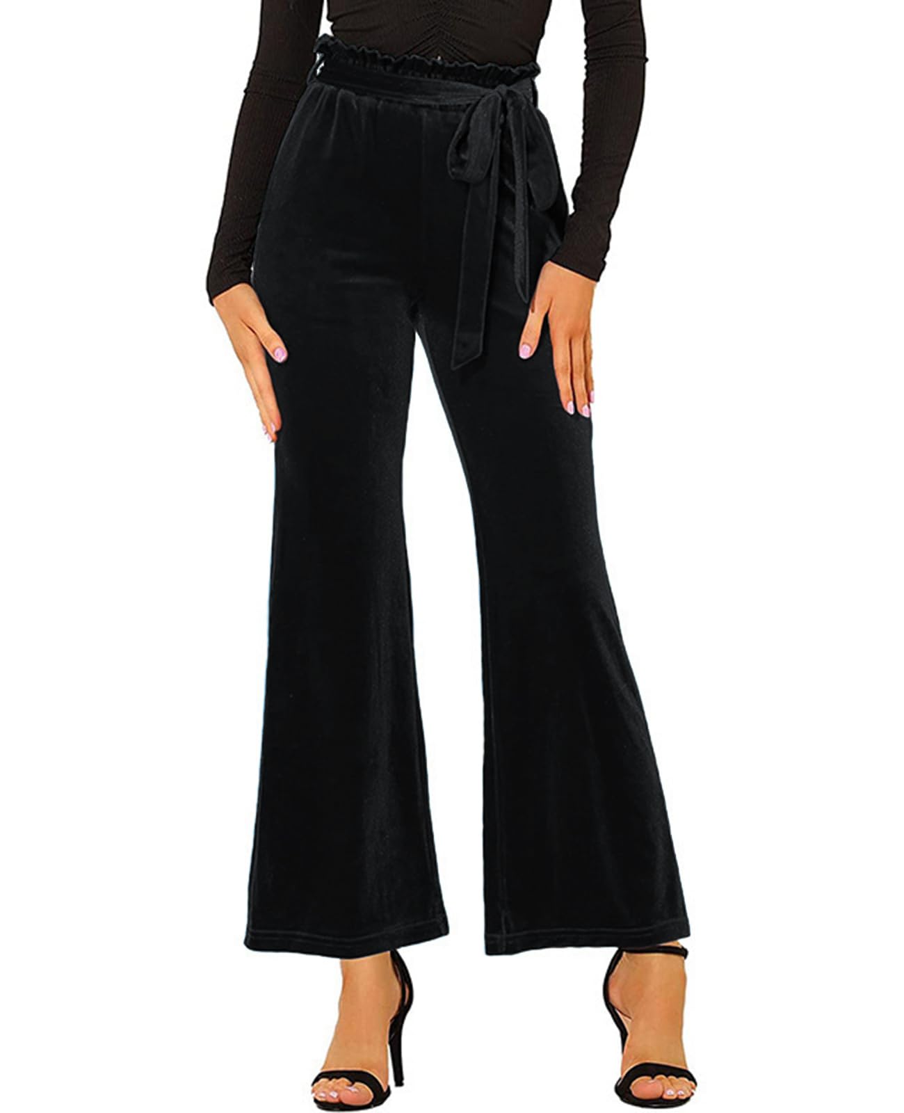 Womens Velvet Pants Tie High Waist Wide Leg Stretchy Trousers with Pockets Black Red Halloween Flare Pants