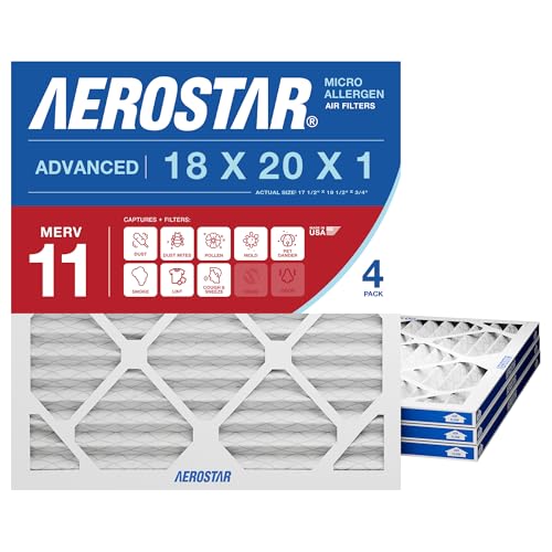 Image of Aerostar 18x20x1 MERV 11-4 Count - Pleated HVAC, Furnace & Air Conditioner Filters - Removes Dust, Cold & Flu Germs, Lint, Mold, Pet Dander, Allergy-Causing Pollen, Smog & Smoke | ACTUAL SIZE (17.50 x 19.50 x 0.75) AC Filter, Furnace Filter, Dust, Pet Dander, Smoke & Allergies MERV 11 (MPR 1200 / FPR 7)