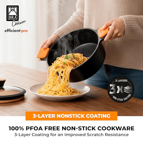 Image of BRA COOKWARE Efficient Pro Nonstick Stock Pot w /Lid | 9.5 Inch 4.2 Quart Cooking Pot | 3-Layer Scratch Resistant Coating | PFOA Free Deep Pot | All Cooktops | Oven Safe up to 425F (w /o Lid-Handles)