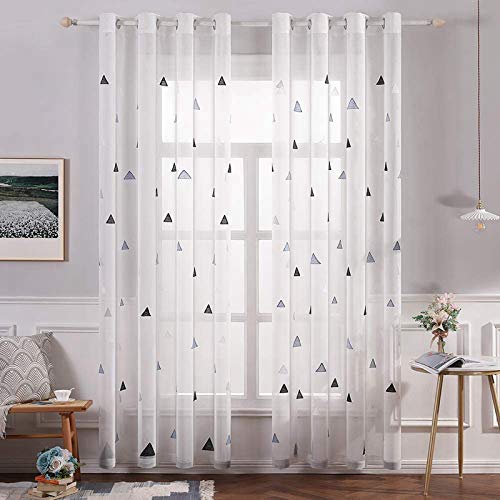 MIULEE Cortina Visillo Bordado Translucido de Dormitorio Infantil Juvenil Dos Paneles con Ojales Plateados para Sala de Estar Cuarto de Niño Comedor Habitación Patrón de Triángulo Azúl 140x145cm