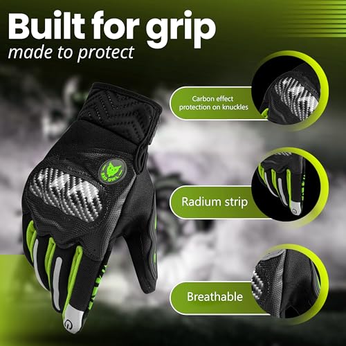 Image of BADOWL Carbon Fiber PVC Knuckle Protection Riding Gloves | Touchscreen Sports Gloves with Anti-Slip Grip | Breathable, All-Weather, (NEON Green, L)