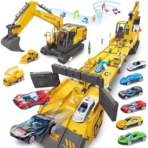 Dwi Dowellin Toys for 3 Year Old Boys,Excavator Toys for Boys with 6 Metal Racing Cars and 2 Engineering Vehicle,Foldable Ejection Vehicle with Lights & Sound for 3 4 5 6 7 Years Old Boys Gifts Cover
