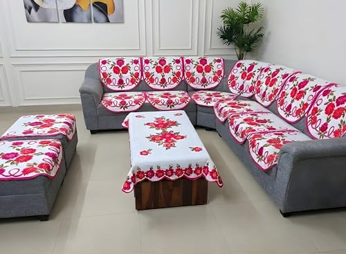Image of Fab Nation Sofa Cover L Shape 6 Seater with Corner L Type Fully Covered Sofa Set for Living Room | Cotton Sofa Slipcovers for 3 + 3 Seaters Cover + 2 Setty Covers + 1 Table Cover Set | Pink