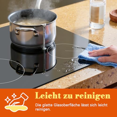 Karinear Kochfeld 4 Platten 6000W, Glaskeramikkochfeld 60cm Autark Einbau, Touch-Steuerung, Herdplatte 4 Kochfelder mit Timer, Sicherheitsverriegelung, Restwärmeanzeige, 240V, Kein Stecker