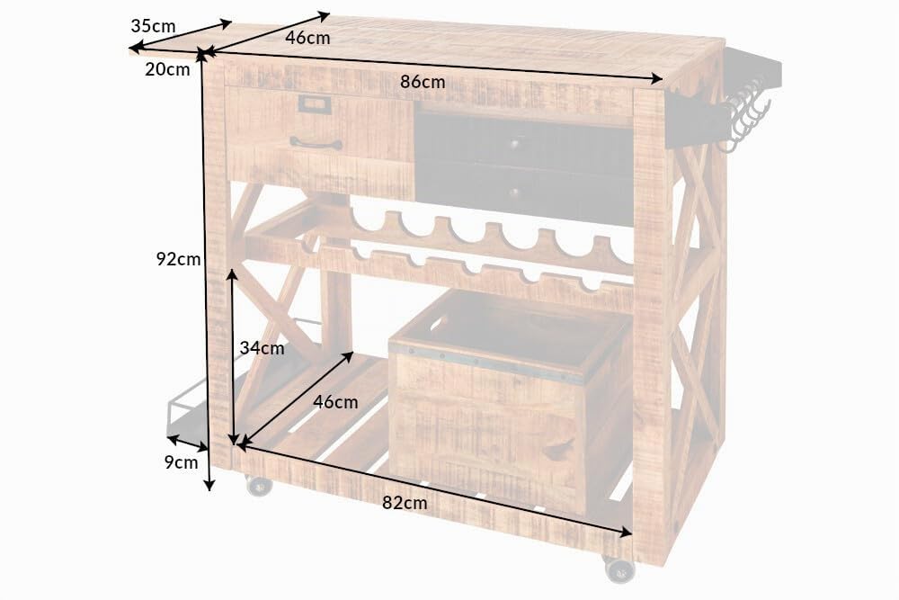 Riess Ambiente Industrial Barschrank Bodega 86cm Mangoholz Servierwagen mit Weinregal und Aufhängung