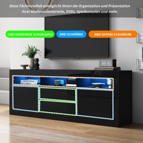 Merax 160 cm TV-Schrank mit LED-Beleuchtung, Hochglanz TV Board für 70 Zoll Fernseher, Push-to-Open Schubladen, 3 offene Fächer & Musiksteuerung, Smart App Steuerung für Wohnzimmer