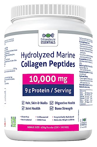 Orthomolecular Essentials Hydrolyzed Marine Collagen Peptides - Pure Canadian-Made 10,000mg Powder for Radiant Skin, Strong Bones, and Joint Support, 600g