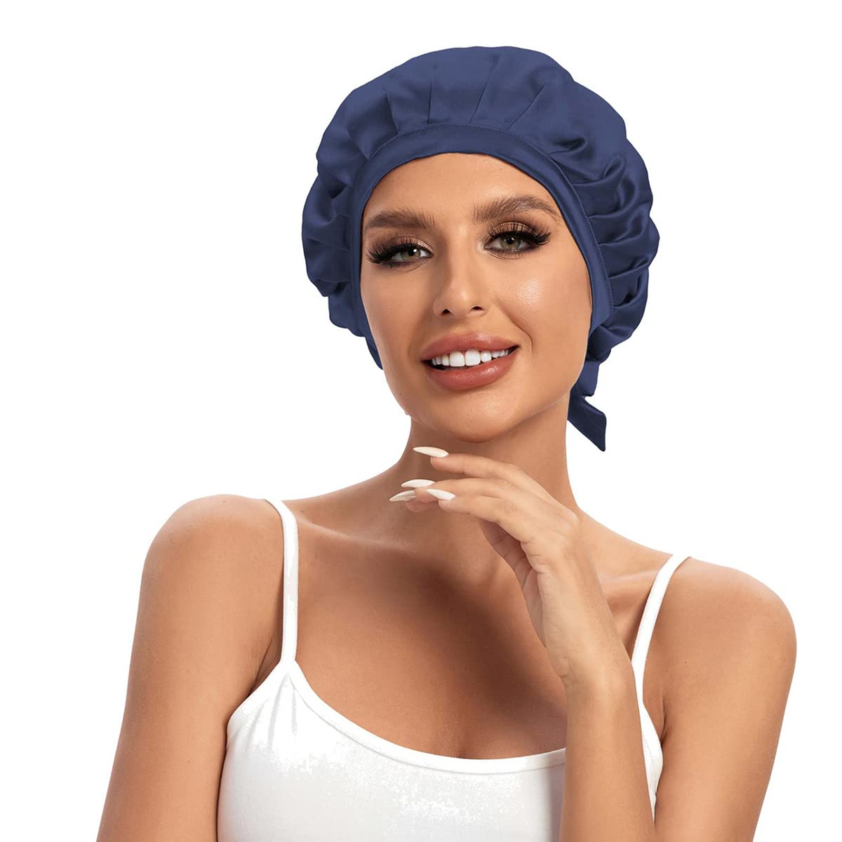 Cocheng 100% Mulberry Silk Bonnet for Sleeping Double Layer Silk Sleep Cap with Tie Band 19 Momme Breathable Hair Bonnet Navy Blue