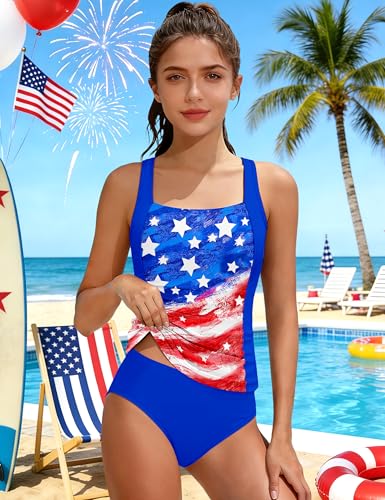 Image of Girls Tankini Swimsuit Solid Color Blocking Two Piece Bathing Suit Ruched Slimming Teen Girls' Swimwear for 9-18Years