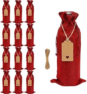 12 Pack Jute Wine Bottle Gift Bags, Multipack Burlap Bottle Bag with Tags 35 x15 cm Drawstring Wine Bottle Bags for Christmas Wedding Travel Party Teachers (Wine Red)