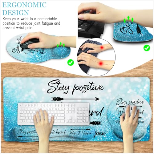 Image of LIMKRIAN Desk Mat Pad Set, Large Mouse Pad with Wrist Rest, Stay Positive | Ergonomic Mouse Pad, Gaming Computer Keyboard Mat Wrist Support, Coaster, Home Office Desk Accessories Decor Supplies