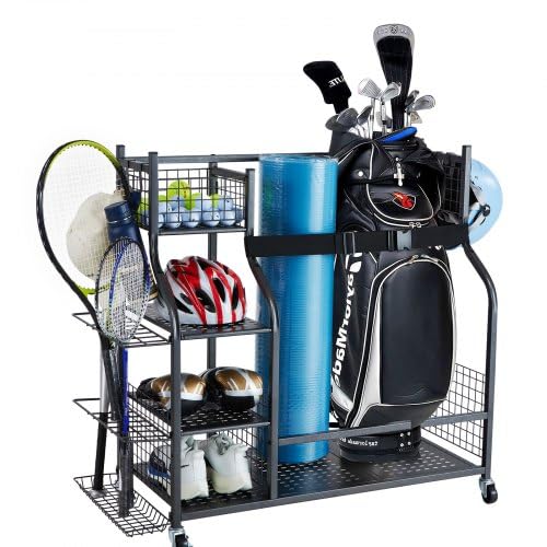 Golf Storage Garage Organizer, 2 Golf Bag Stand Holder and Other Sports Equipment Storage Rack, Rolling Ball Cart on Wheels, Outdoor Sport Gear and Toy Storage with Baskets & Hooks, Steel, Black