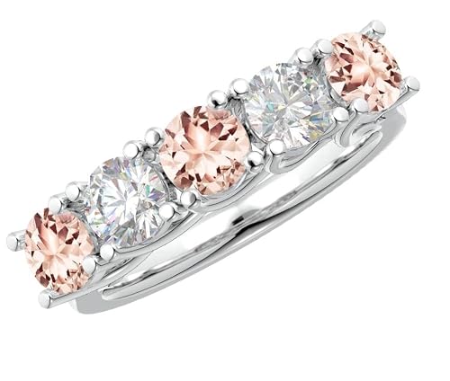 Houston Diamond District 1 to 6 Carat Round 5 Stone Platinum LAB GROWN Gemstone and LAB GROWN Diamond Wedding Band (1ct Center, AAAA Heirloom Quality) Morganite 1 Carat Size: 9.5