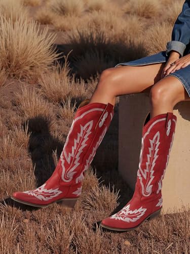 Image of STALOV Cowboy Boots for Women Pull On Chunky Heel Boots Knee High Cowgirl Boots Western Pointed Toe Boots Embroidered Suede Boots